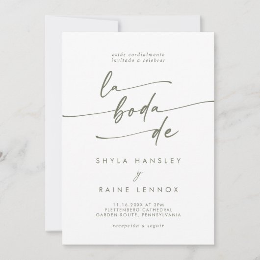 Invitation Boho Chic Vert et Blanc QR Code Espagnol Mariage (Devant)