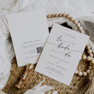 Invitation Boho Chic Vert et Blanc QR Code Espagnol Mariage