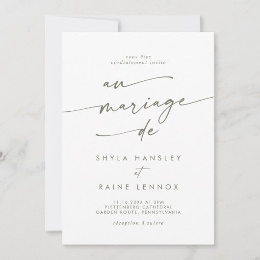 Invitation Boho Chic Vert et Blanc QR Code Mariage français (Devant)