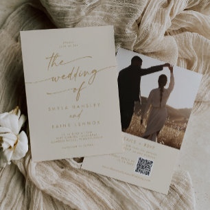Invitation Boho Chic Vintage Gold Photo QR Code Mariage