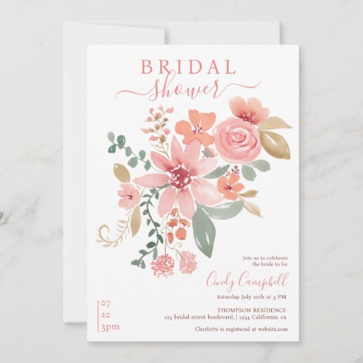 Invitation Boho chute d'aquarelle fleurie douche nuptiale (Devant)