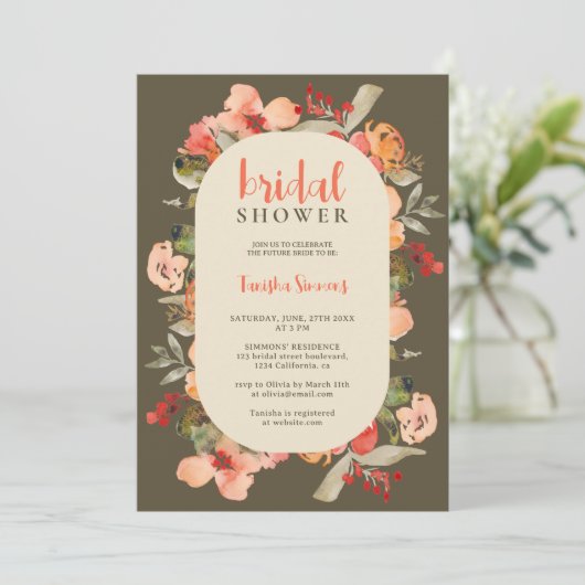 Invitation Boho chute terre cuite script floral douche nuptia (Debout devant)