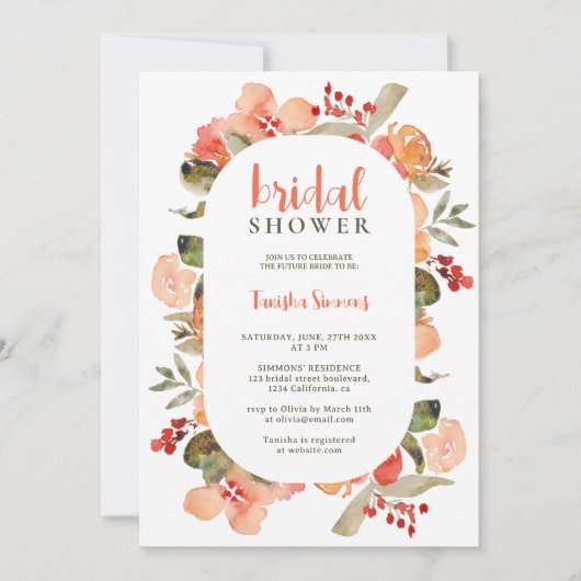 Invitation Boho chute terre cuite script floral douche nuptia (Devant)