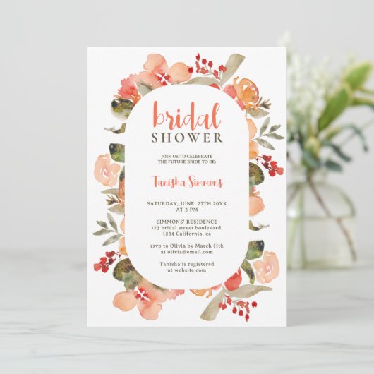 Invitation Boho chute terre cuite script floral douche nuptia (Debout devant)