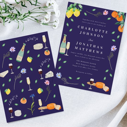 Invitation Boho Citron & Vin Mariage Bleu Nuit