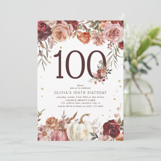 Invitation Boho Citrouille Autumn Bloom 100e anniversaire (Debout devant)