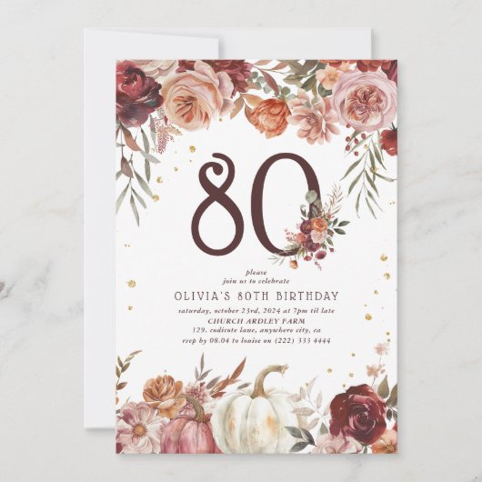 Invitation Boho Citrouille Autumn Bloom 80e anniversaire (Devant)