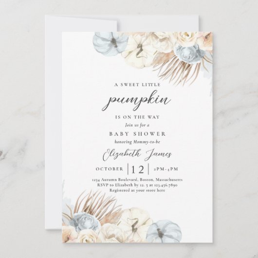 Invitation Boho Citrouille Bleu Pampas Baby shower Garçon en (Devant)