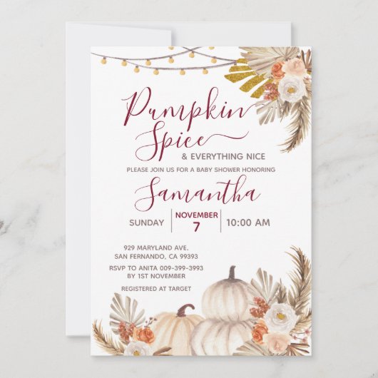 Invitation Boho Citrouille épices & tout Baby shower agréable (Devant)