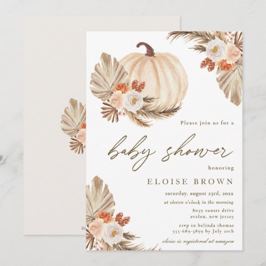Invitation Boho Citrouille Pampas Baby shower Floral Grass (Devant / Derrière)