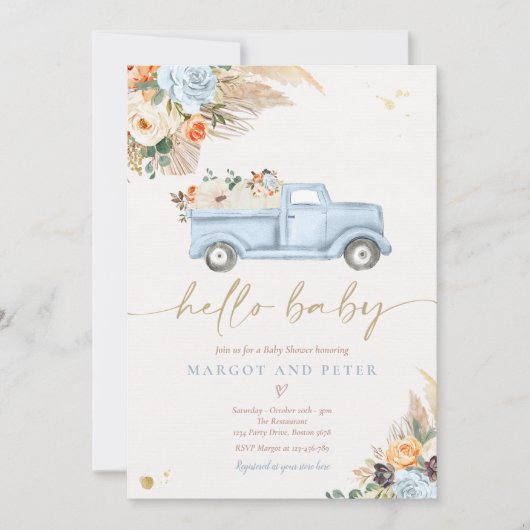 Invitation Boho Citrouille Pickup Camion Blue Boy Baby shower (Devant)
