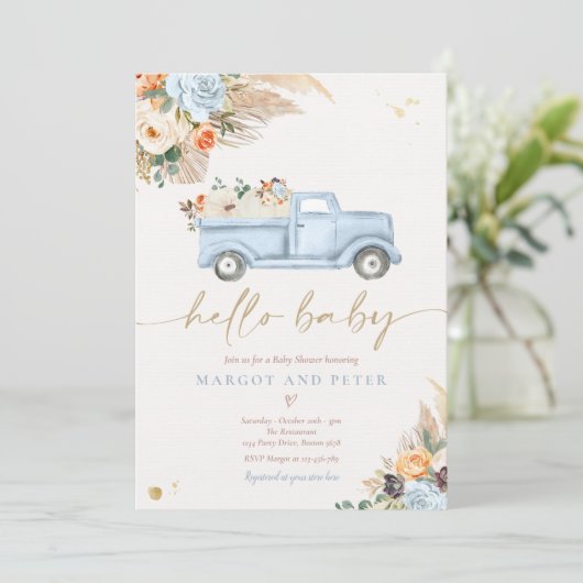 Invitation Boho Citrouille Pickup Camion Blue Boy Baby shower (Debout devant)