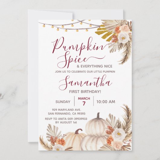 Invitation Boho Citrouille Spice & Tout Nice 1er Anniversaire (Devant)