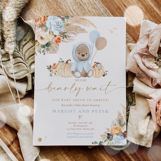 Invitation Boho Citrouille Teddy Bear Blue Boy Baby shower