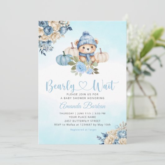 Invitation Boho Citrouille Teddy Bear Blue Boy Bear Baby show (Debout devant)