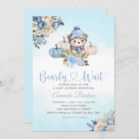 Invitation Boho Citrouille Teddy Bear Blue Boy Bear Baby show (Devant / Derrière)