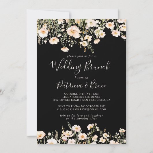 Invitation Boho classique Fleur sauvage noir Mariage noir Bru (Devant)