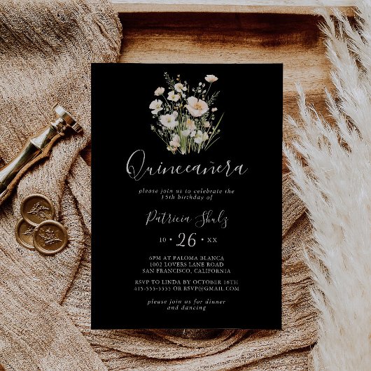 Invitation Boho classique Fleur sauvage noir Quinceañera