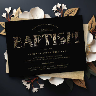 Invitation Boho Classy Gold/Black Typographie Élégant Baptême