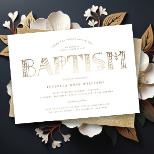 Invitation Boho Classy Gold/White Typographie Élégant Baptême