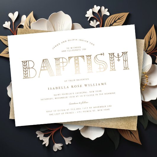 Invitation Boho Classy Gold/White Typographie Élégant Baptême