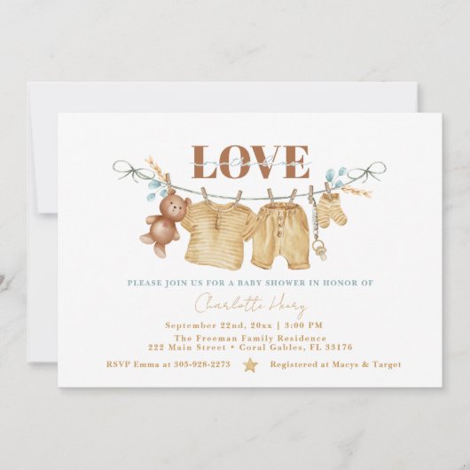 Invitation Boho Clothesline Baby shower d'aquarelle Invitatio (Devant)