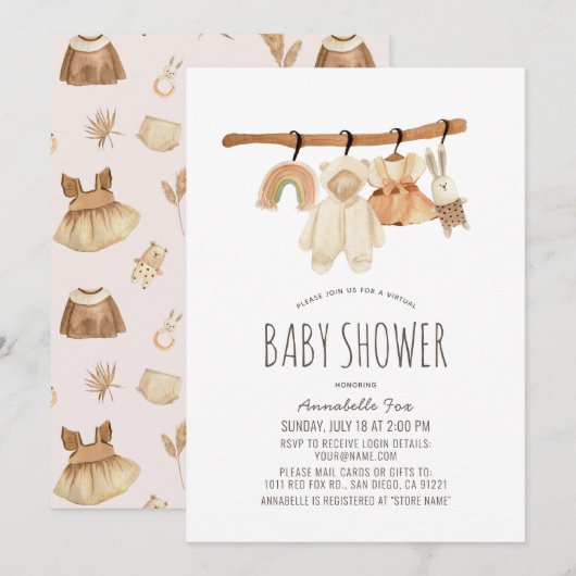 Invitation Boho Clothesline Girl Baby shower virtuel (Devant / Derrière)