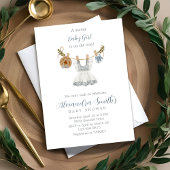 Invitation Boho Clothesline Girl bleu et blanc aquarelle