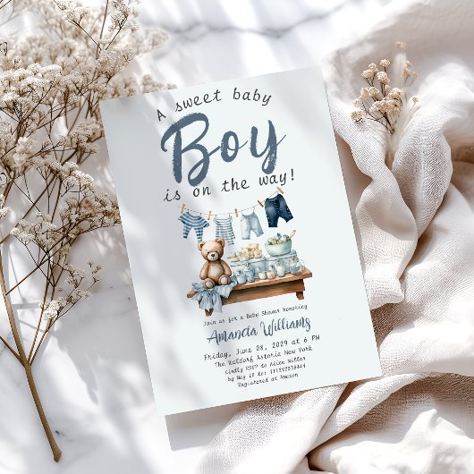Invitation Boho Clothesline Sweet Blue Boy Baby shower