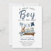 Invitation Boho Clothesline Sweet Blue Boy Baby shower (Devant)