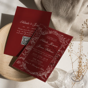 Invitation Boho Code QR Floral Rouge Foncé Botanique Mariage