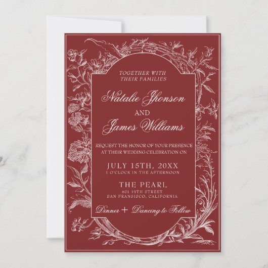 Invitation Boho Code QR Floral Rouge Foncé Botanique Mariage (Devant)