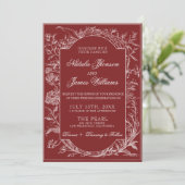Invitation Boho Code QR Floral Rouge Foncé Botanique Mariage (Debout devant)