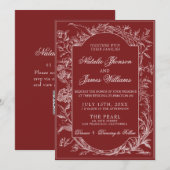 Invitation Boho Code QR Floral Rouge Foncé Botanique Mariage (Devant / Derrière)