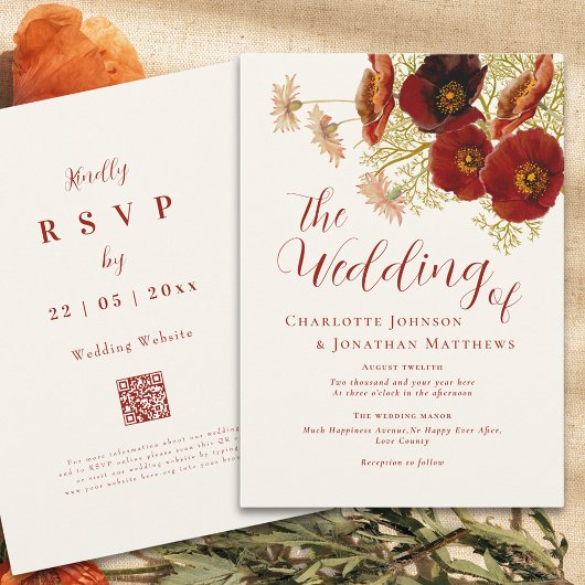 Invitation Boho code QR mariage automnal aux fleurs sauvages