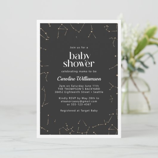 Invitation Boho Constellations Stars Black Gold Baby shower (Debout devant)