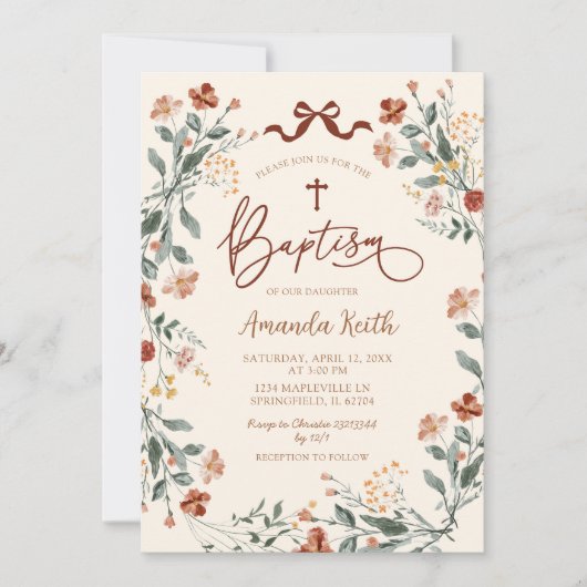Invitation Boho Coquette Fleur sauvage Baptême (Devant)