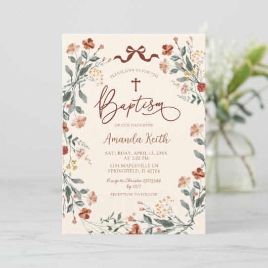 Invitation Boho Coquette Fleur sauvage Baptême (Debout devant)