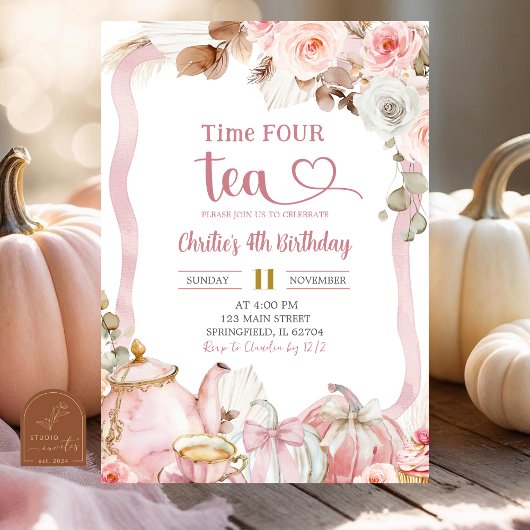 Invitation Boho Coquette Rose Temps QUATRE thé Anniversaire