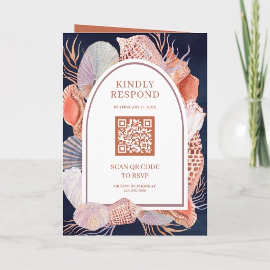 Invitation Boho Coquillages Nautique Bleu Marine Code QR Mari (Dos)