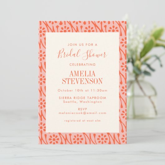 Invitation Boho Coral Orange Botanical Flowers Fête des marié (Debout devant)