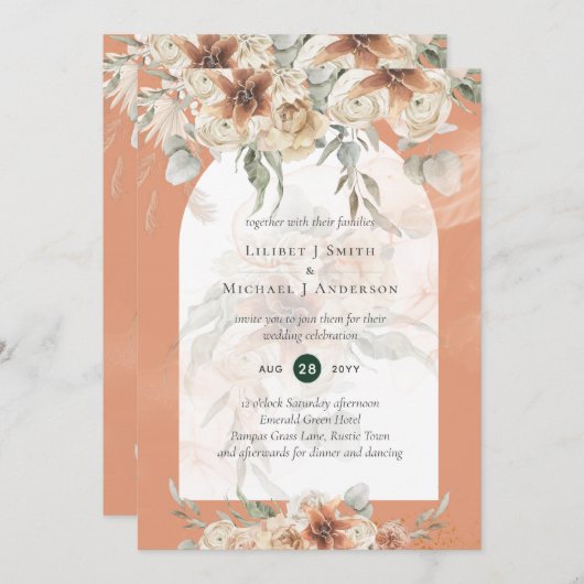 Invitation Boho Coral Terracotta Pampas Grass Mariage (Devant / Derrière)