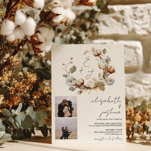 Invitation Boho Cotton Wreath Photo Rustic Initiales Mariage