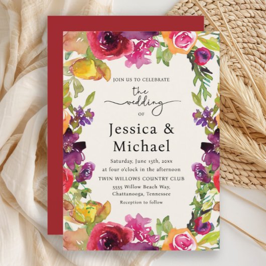 Invitation Boho couleur romantique aquarelle Mariage floral