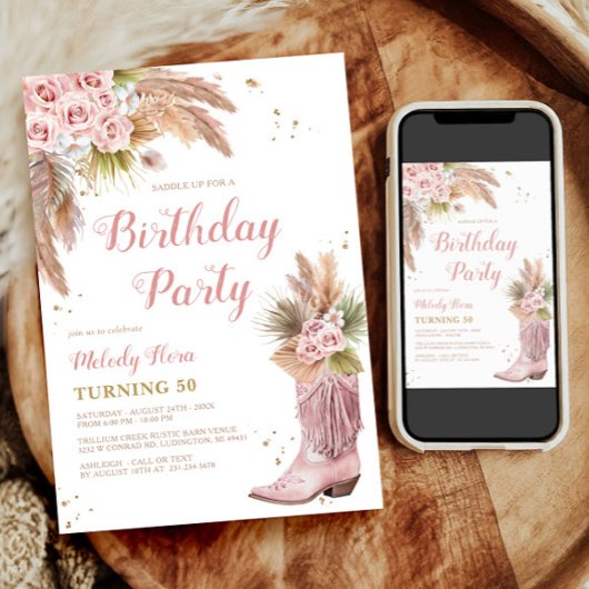 Invitation Boho Cowgirl Boot Pampas Grass Roses 50e anniversa