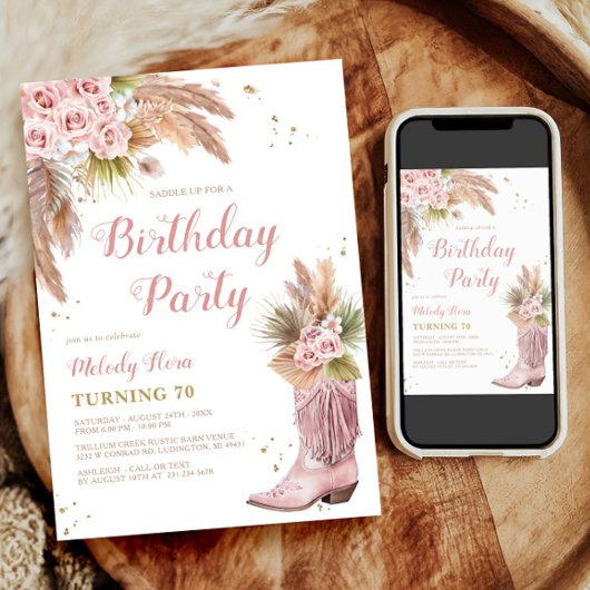 Invitation Boho Cowgirl Boot Pampas Grass Roses 70e anniversa