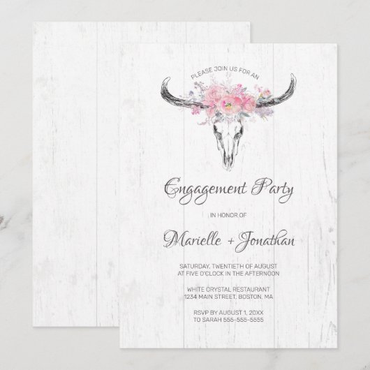 Invitation Boho crâne de vache rustique Fiançailles blanc flo (Devant / Derrière)