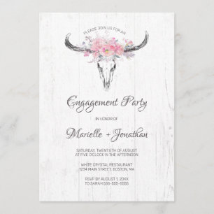 Invitation Boho crâne de vache rustique Fiançailles blanc flo