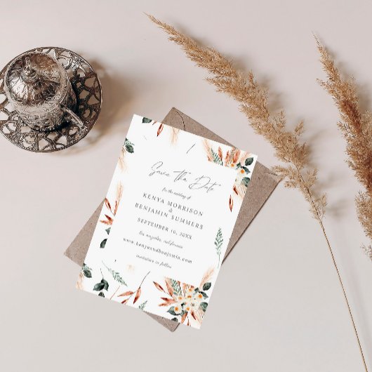 Invitation Boho Cuivre & Pampas & Floral Enregistrer la date