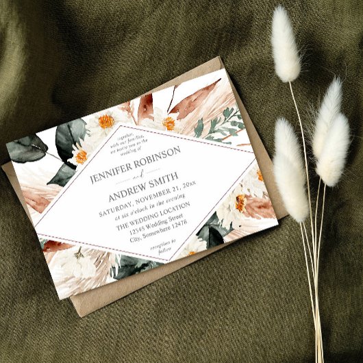 Invitation Boho Cuivre Pampas Grass & Beige Floral Mariage